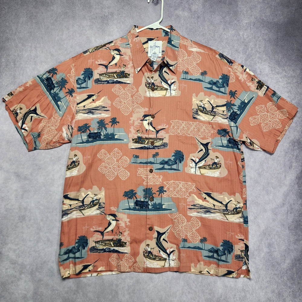 Guy Harvey AFTCO Mens XL Marlin Fishing Tropical Hawaiian Shirt Terracotta